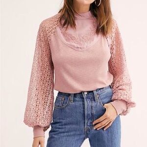 Free People Womens Sweetest Thing Embroidered Lace Thermal Top Pink Large Boho
